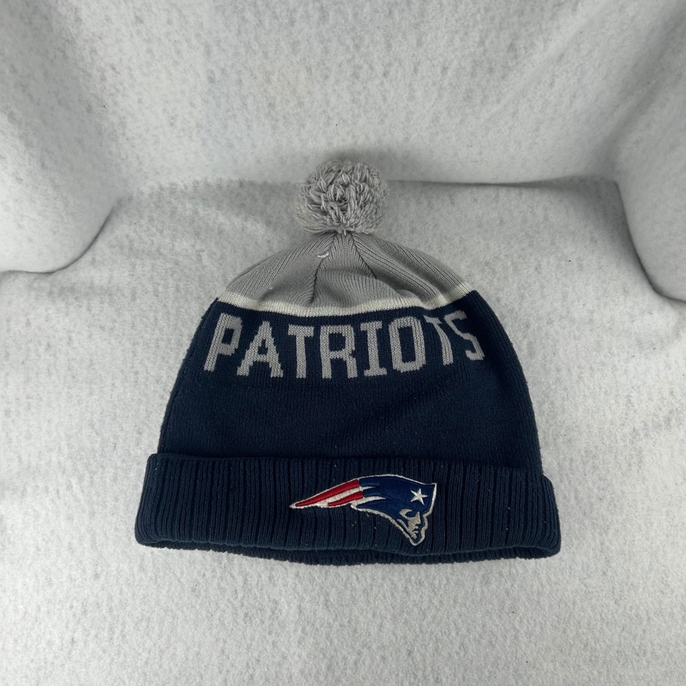 New Era Beanie Hat Mens OSFM‎ Navy Blue Patriots Knit Fleece Lined Pom Pom